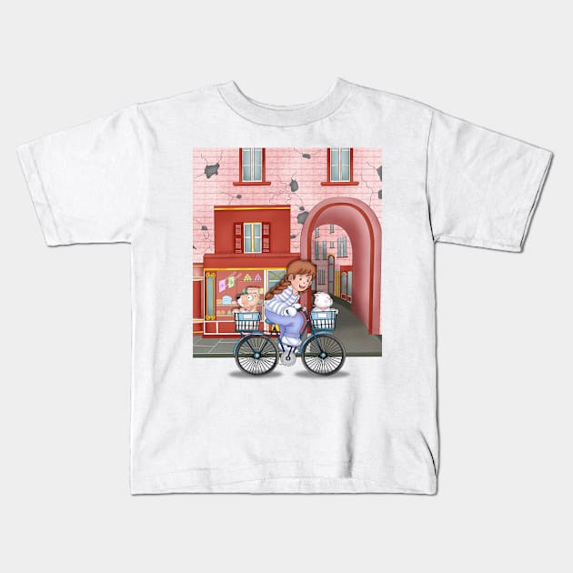 Cute Girl Cycling Around The Town With Dog And Cat Kids T-Shirt by Athikan